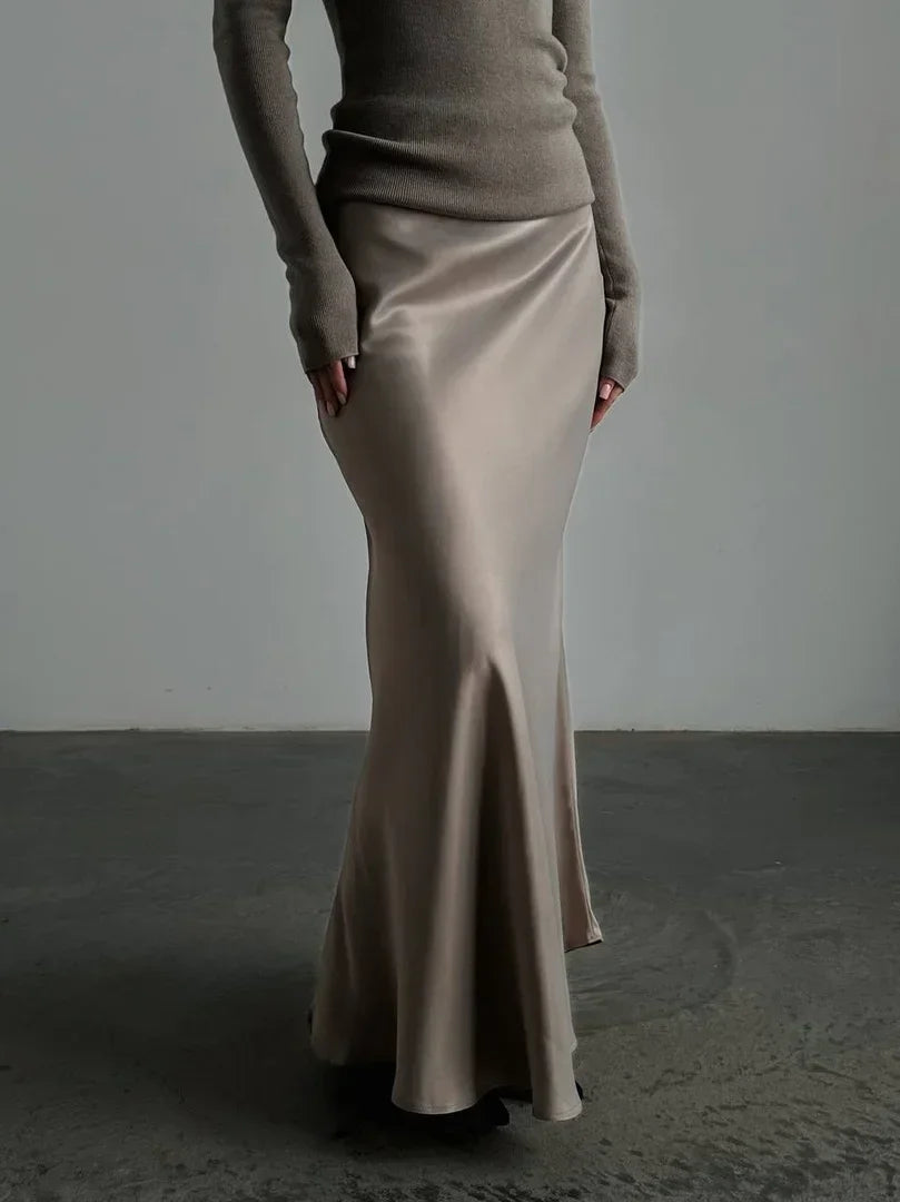 Bornladies Satin Maxi Skirt For Women High Waist Elegant