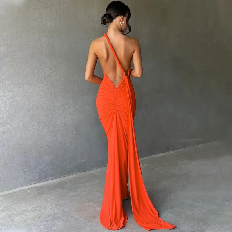 Elegant Women's Backless Ruched Bodycon Maxi Dress For Evening Party