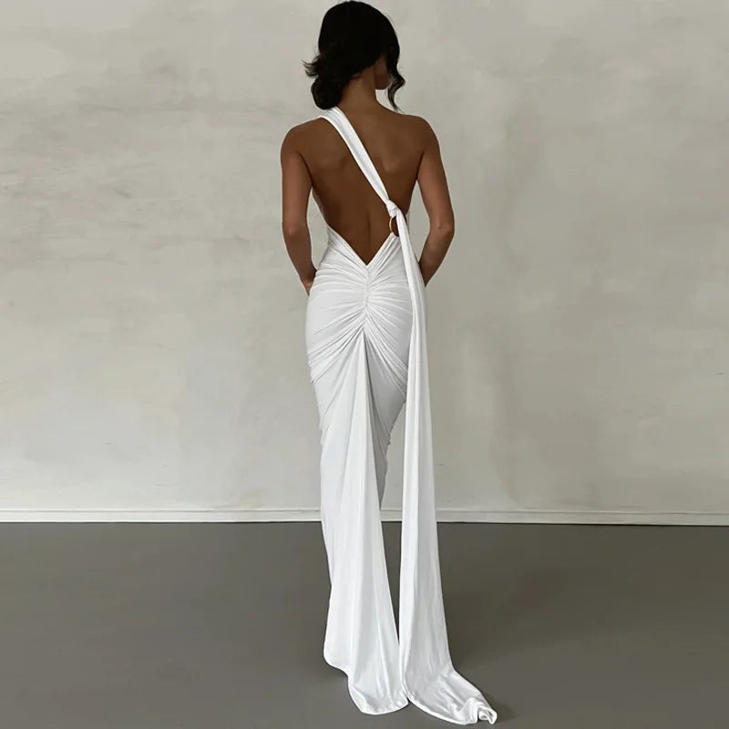 Elegant Women's Backless Ruched Bodycon Maxi Dress For Evening Party