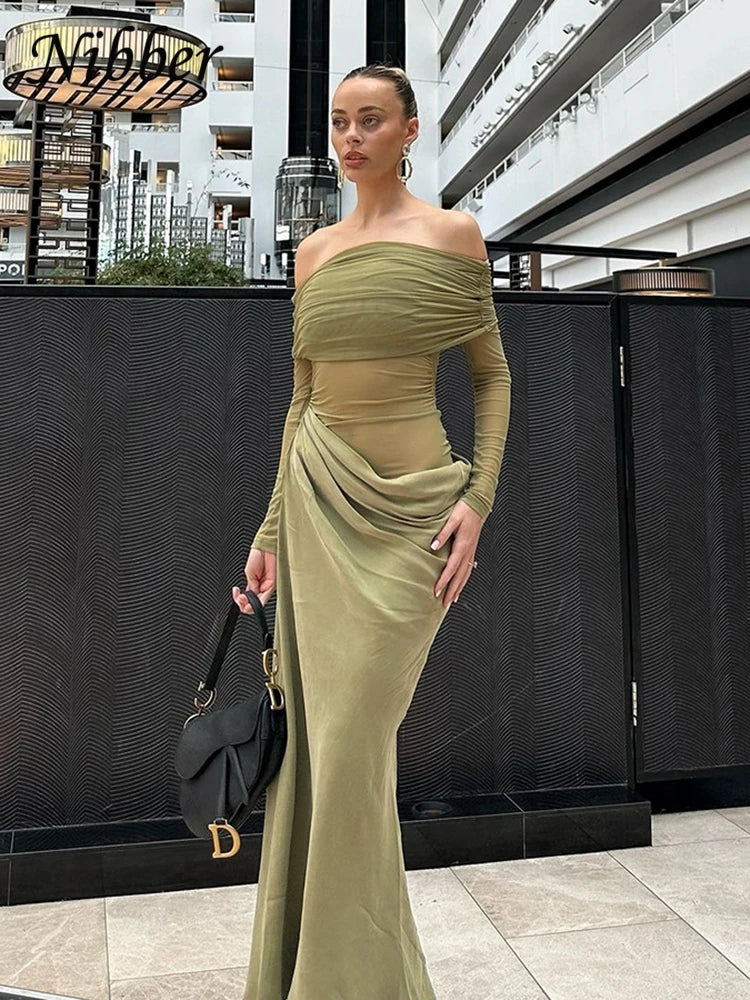 Nibber Patchwork Mesh Dress Women Ruched Elegant Party