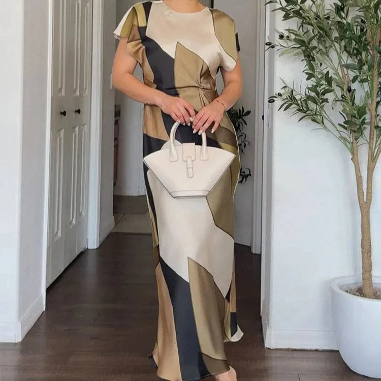 TRAFZACN Women's Long Dress O Neck Pleated Back Hollow