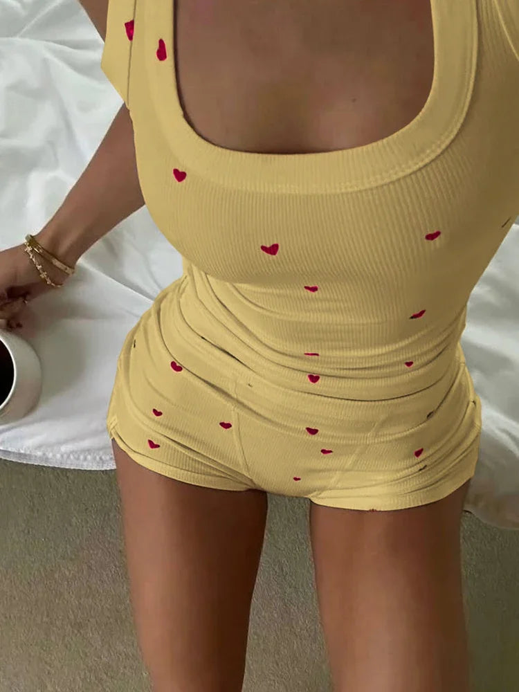 Weird Puss Heart Print Two Piece Set Women Crop Tops