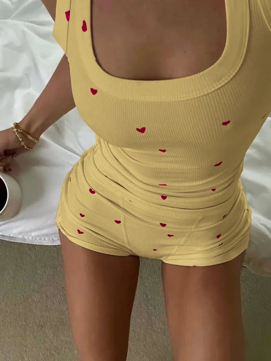 Weird Puss Heart Print Two Piece Set Women Crop Tops