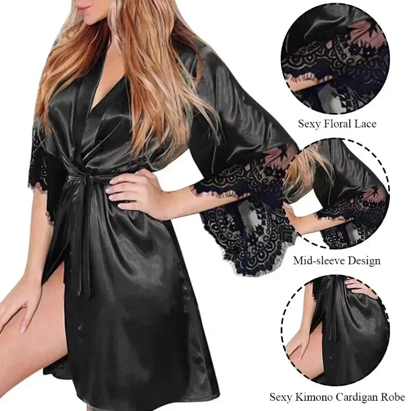 CN Silky Satin Floral Lace Night Gown Robe With G String Sleepwear For Women Boudoir