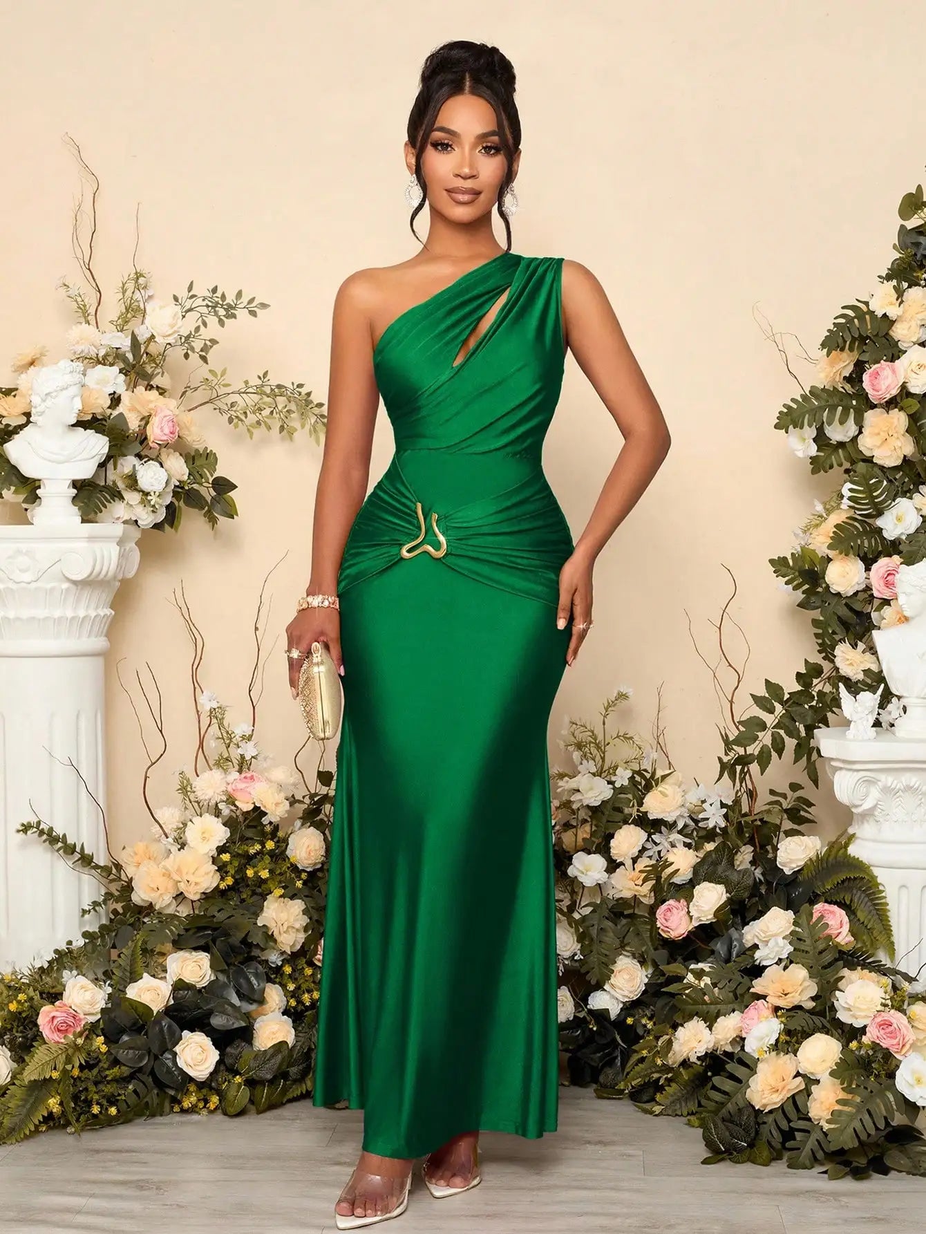 Womens Hollow Asymmetric Neck Metal Decorated Bodycon Maxi Dress