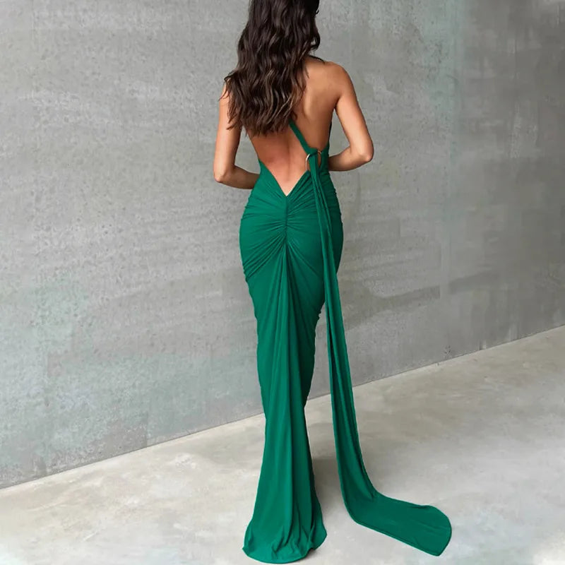 Elegant Women's Backless Ruched Bodycon Maxi Dress For Evening Party