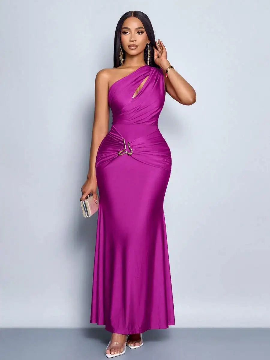 Womens Hollow Asymmetric Neck Metal Decorated Bodycon Maxi Dress