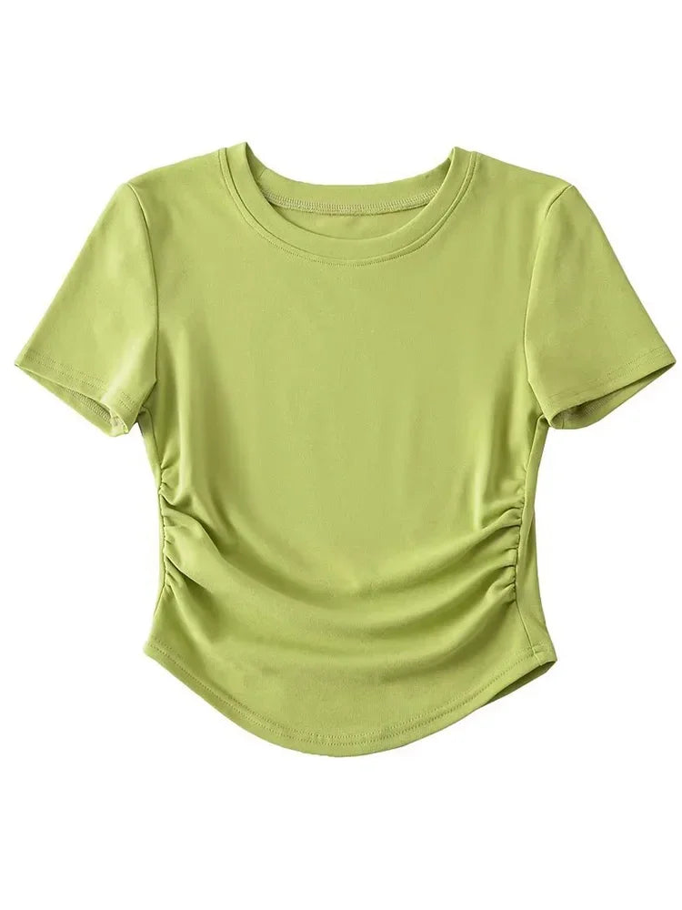 Harajuku Women Ruched Sides Detail Cotton Tee Crew Neck