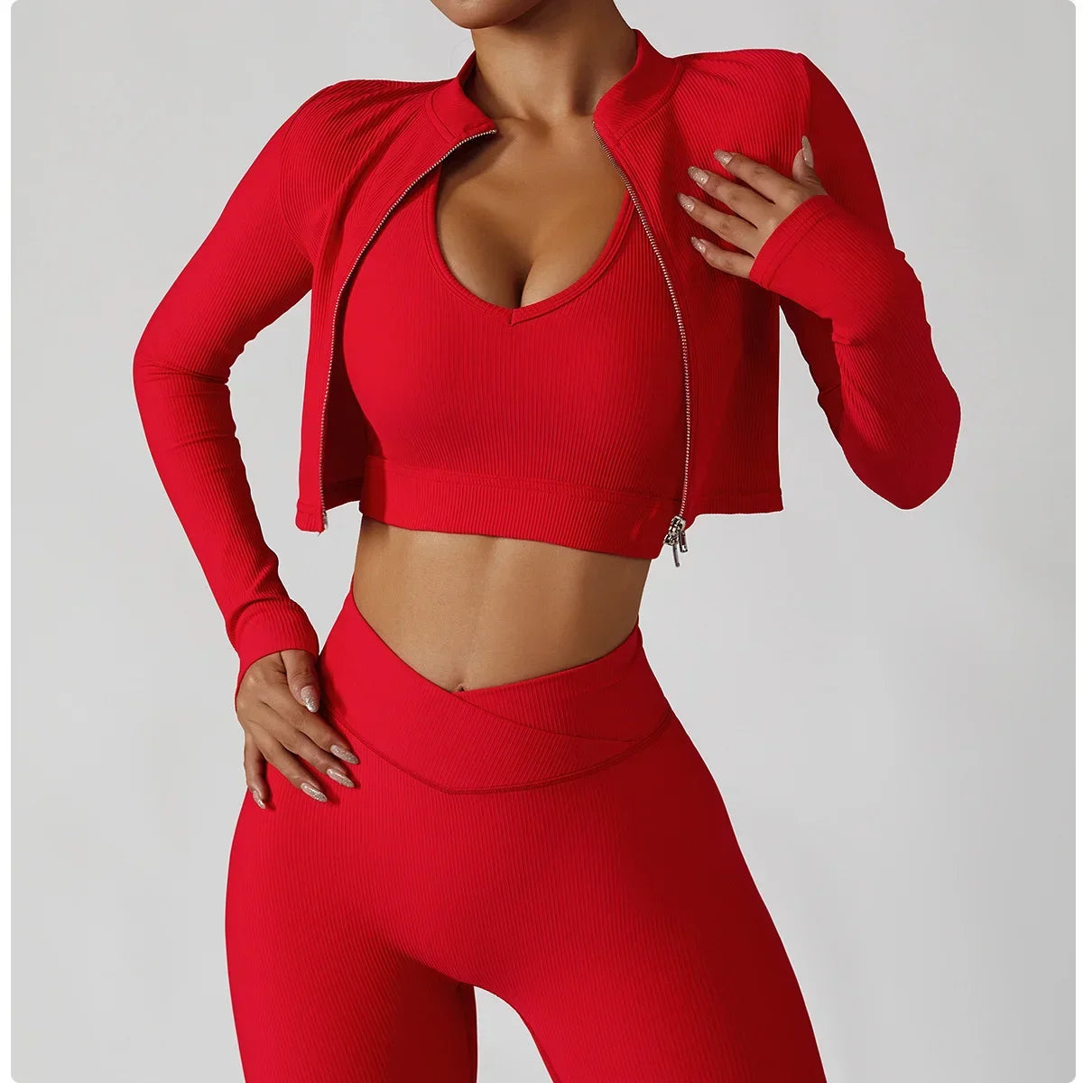 Women 3 Piece Yoga Set Jacket Bra Leggings Sportswear Gym