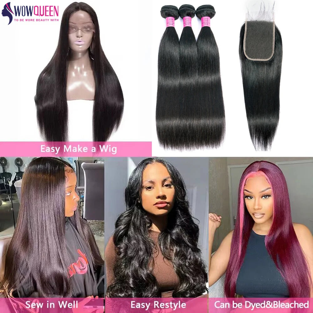 WOWQUEEN Brazilian Remy Straight Hair Bundles With Closure