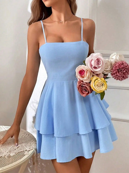 SDNGEDCN Backless Layered Mini Dress With Exquisitely Designed Straps SummertimeWear