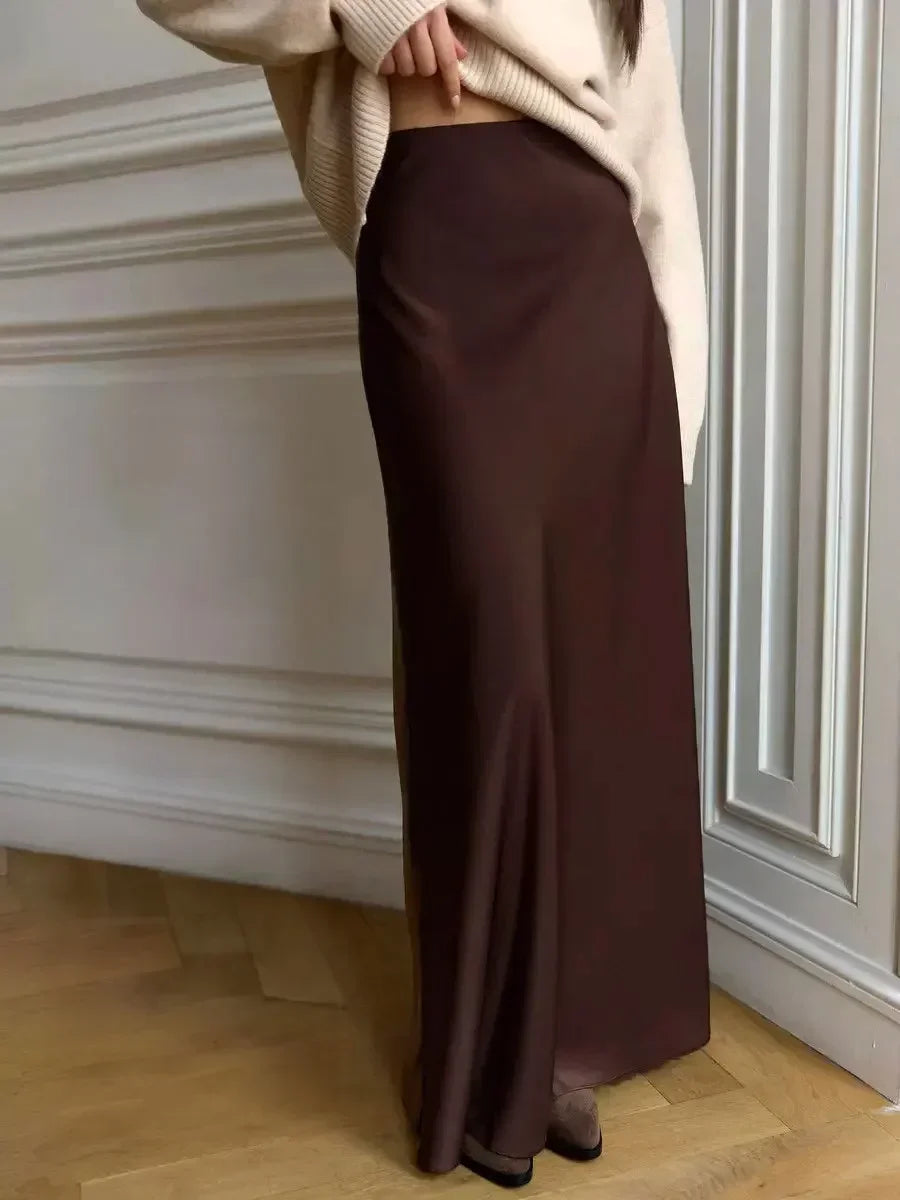 Bornladies Satin Maxi Skirt For Women High Waist Elegant