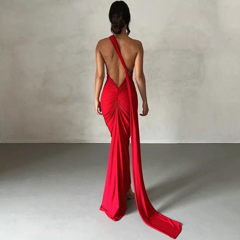 Elegant Women's Backless Ruched Bodycon Maxi Dress For Evening Party