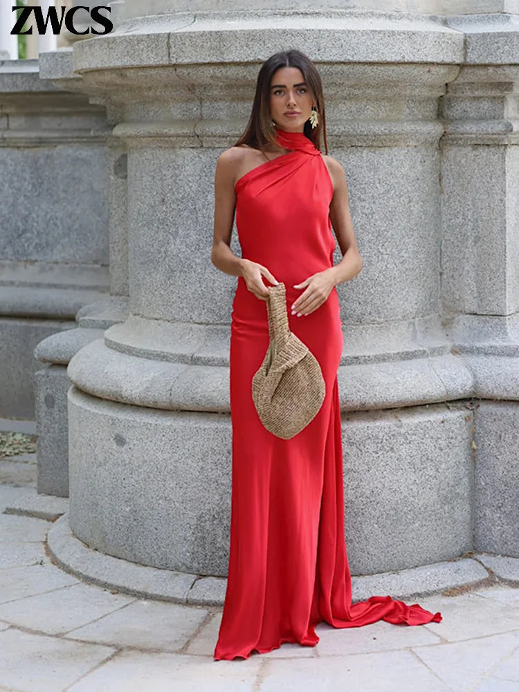 Chin Sweety Satin Ribbons Backless Halter Party Dress