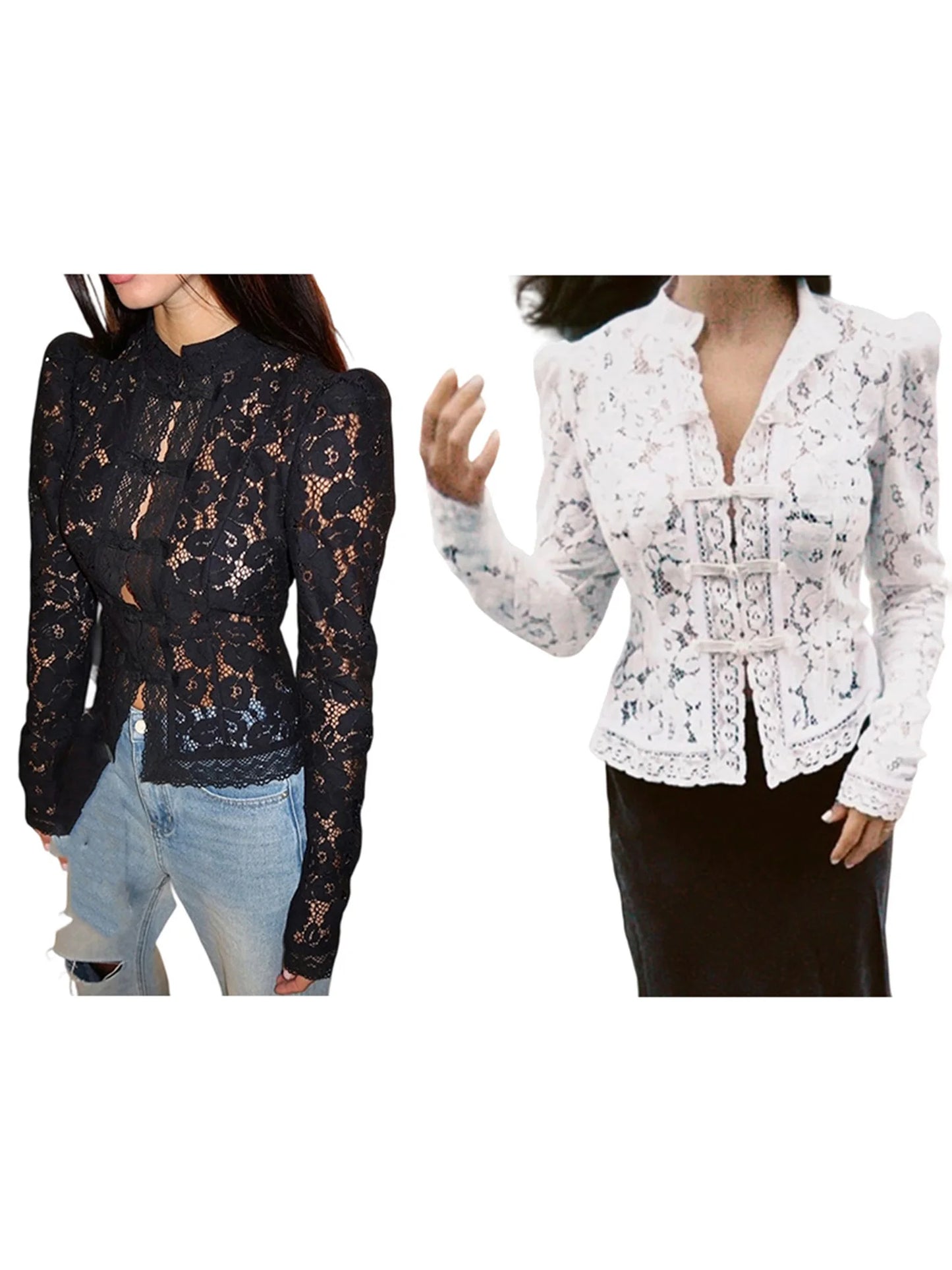 Floral Lace Blouse Women Long Sleeve Button Up For Work