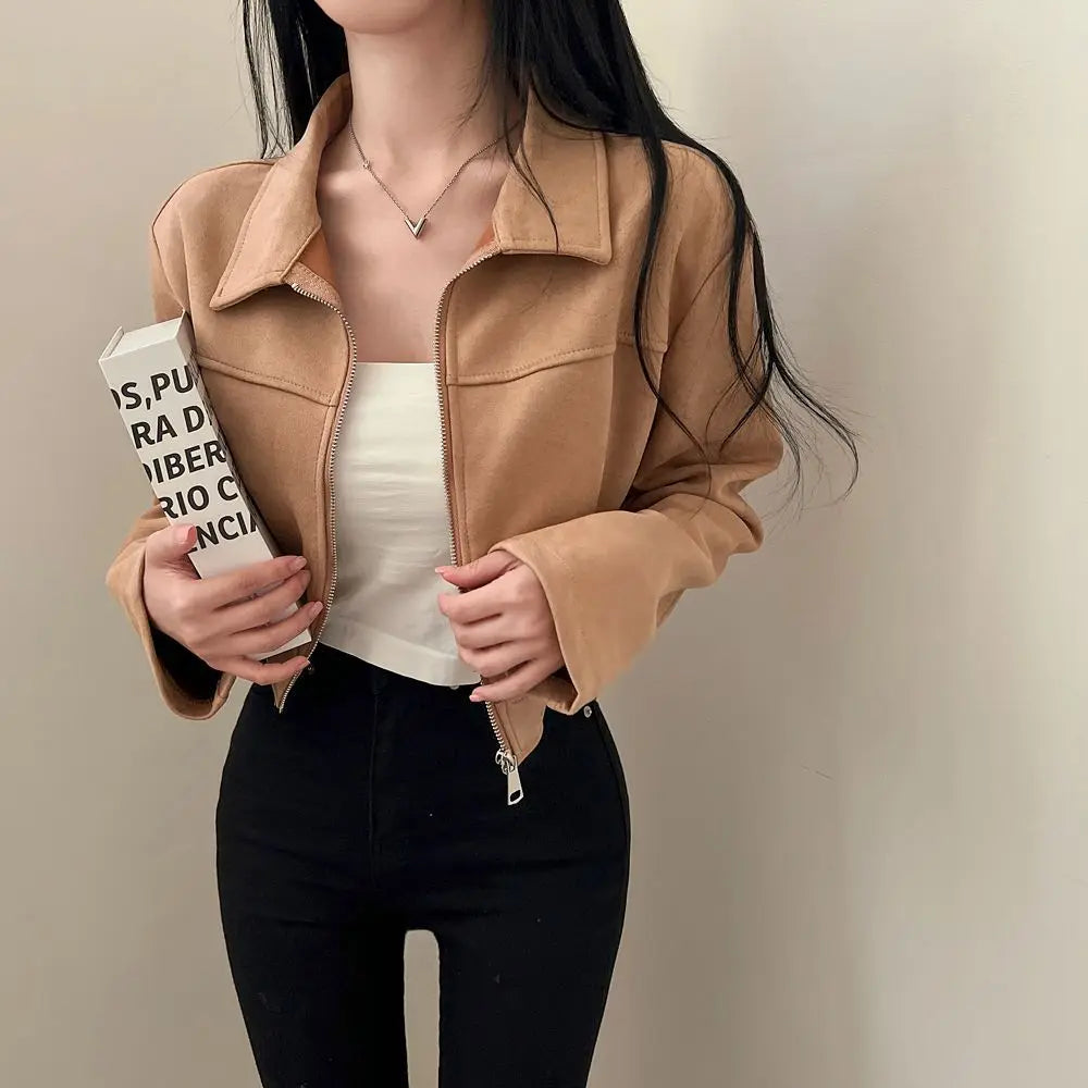 Autumn Lapel Zipper Jacket For Women Short Polyester Casual