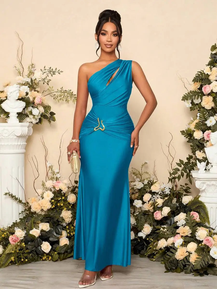 Womens Hollow Asymmetric Neck Metal Decorated Bodycon Maxi Dress