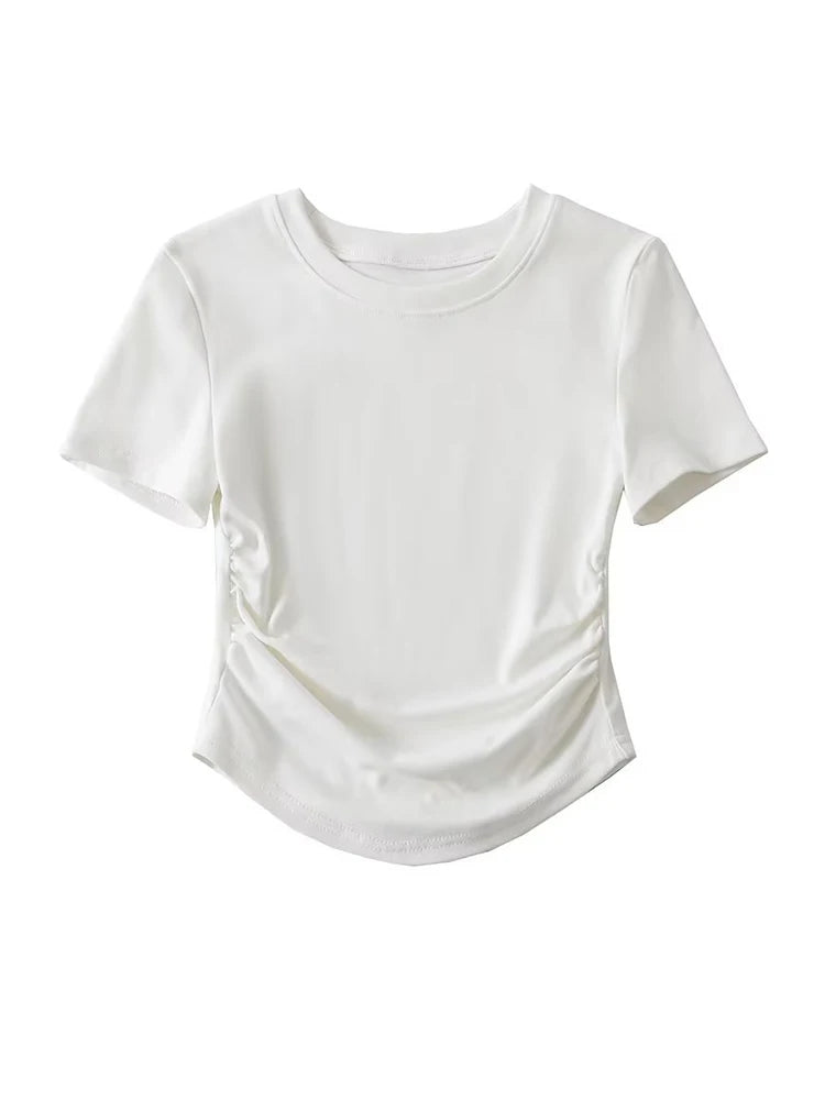 Harajuku Women Ruched Sides Detail Cotton Tee Crew Neck
