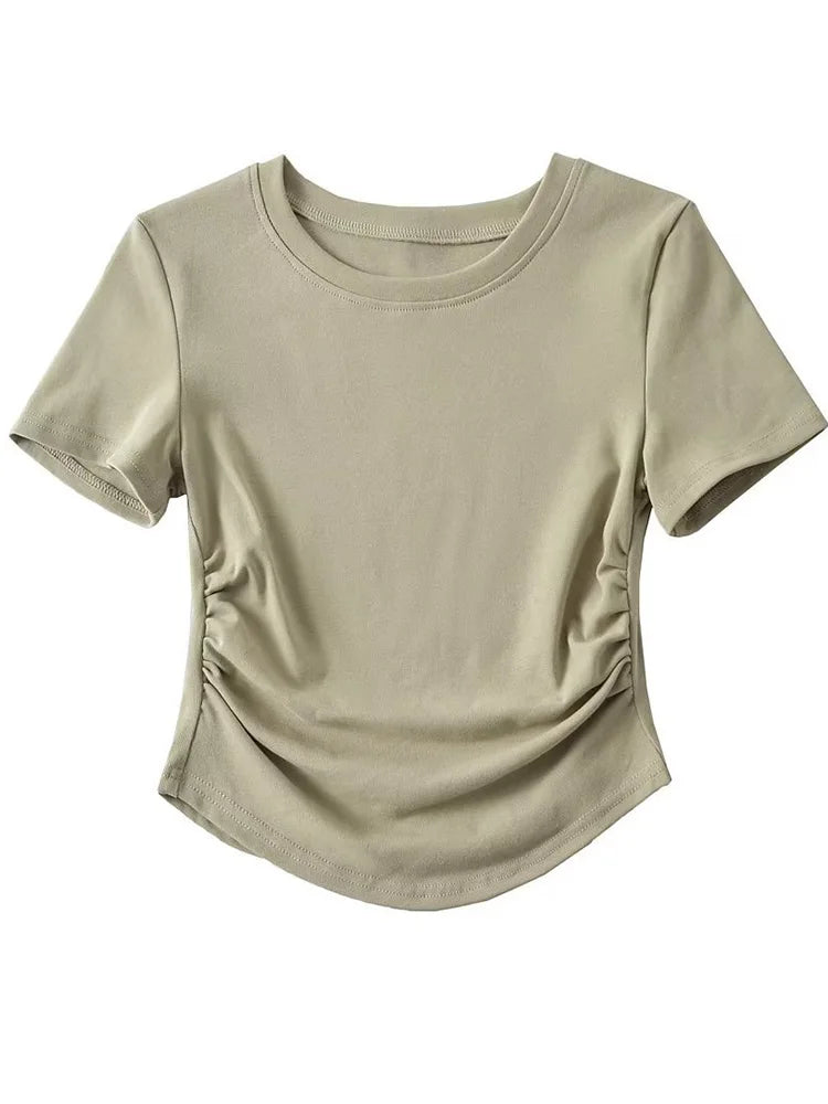 Harajuku Women Ruched Sides Detail Cotton Tee Crew Neck