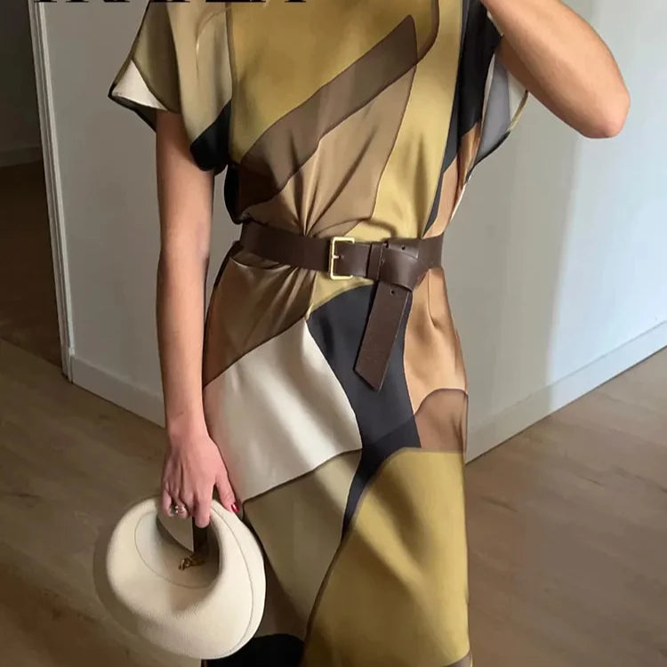 TRAFZACN Women's Long Dress O Neck Pleated Back Hollow