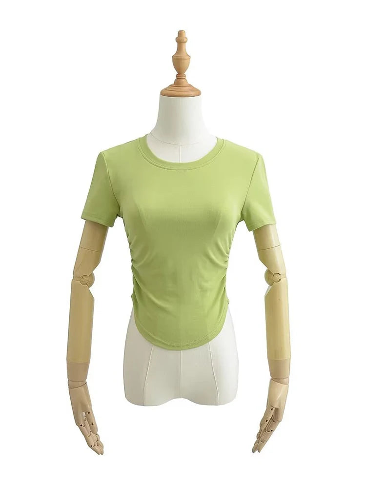 Harajuku Women Ruched Sides Detail Cotton Tee Crew Neck