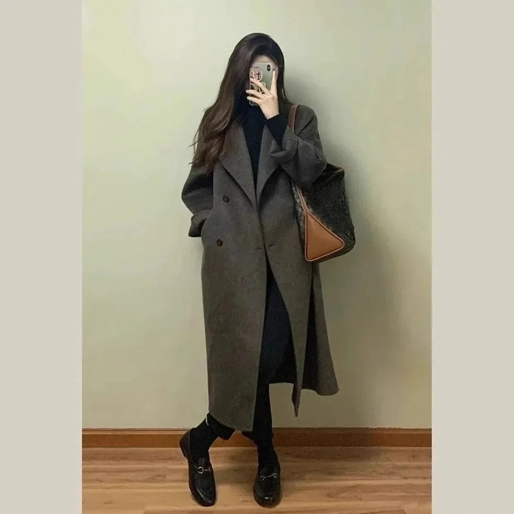 Thickened Over-Knee Woolen Coat Women Korean Style Polyester Outerwear