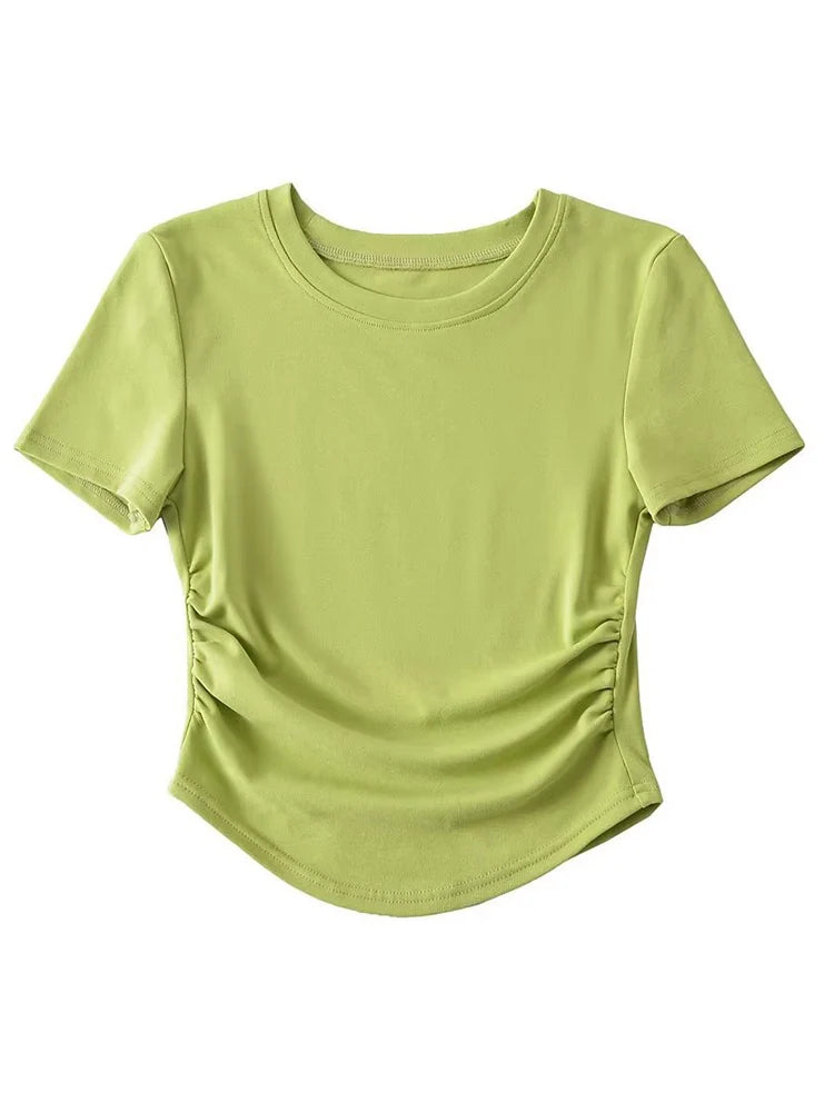 Harajuku Women Ruched Sides Detail Cotton Tee Crew Neck