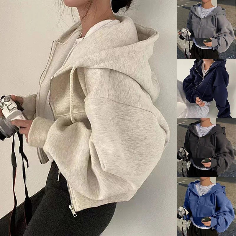 FleeceLined Cropped Hooded Sweatshirt Women Zip Up UltraWarm Insulated Versatile