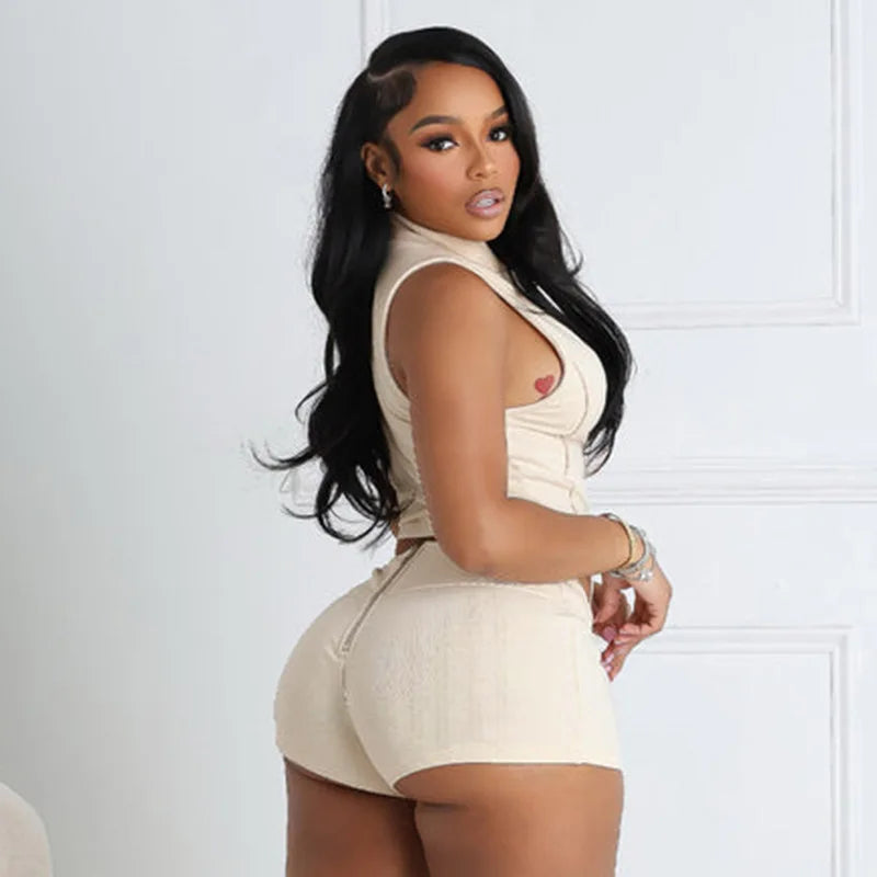 CN Zhejiang Zip Up Collar Set Women Crop Top Shorts