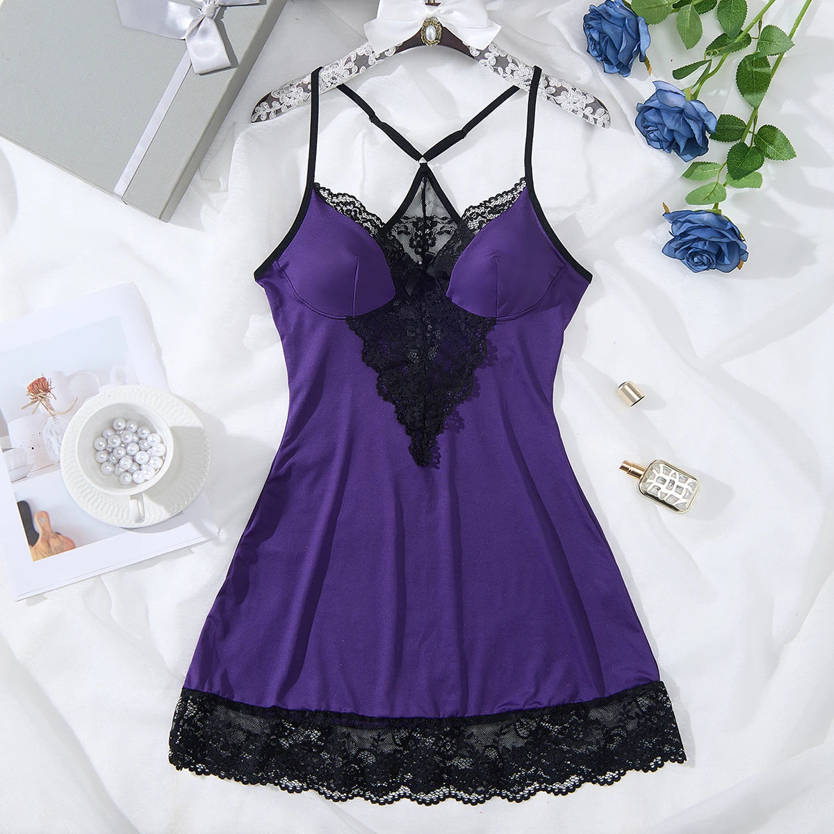 CN Guangdong Lace Patch V Neck Sleep Dress For Women