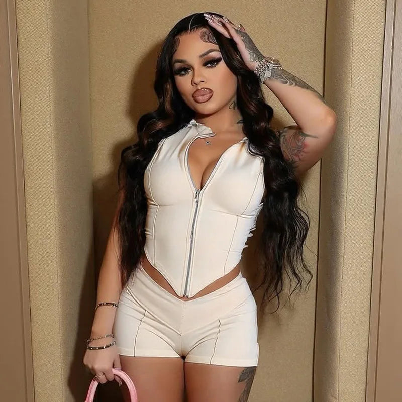 CN Zhejiang Zip Up Collar Set Women Crop Top Shorts