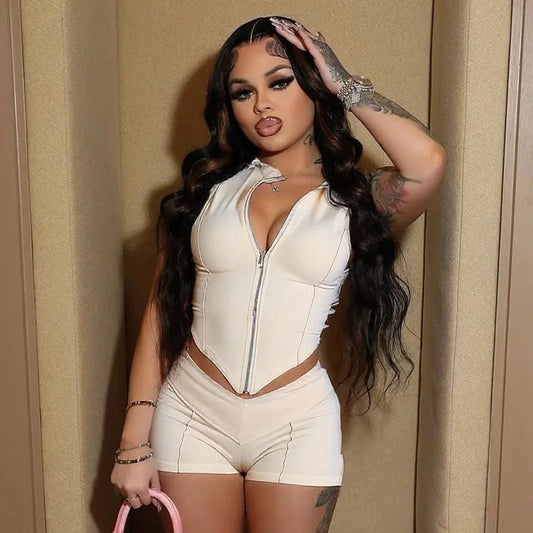 CN Zhejiang Zip Up Collar Set Women Crop Top Shorts
