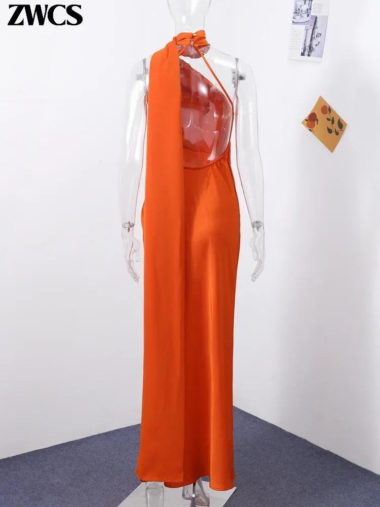 Chin Sweety Satin Ribbons Backless Halter Party Dress