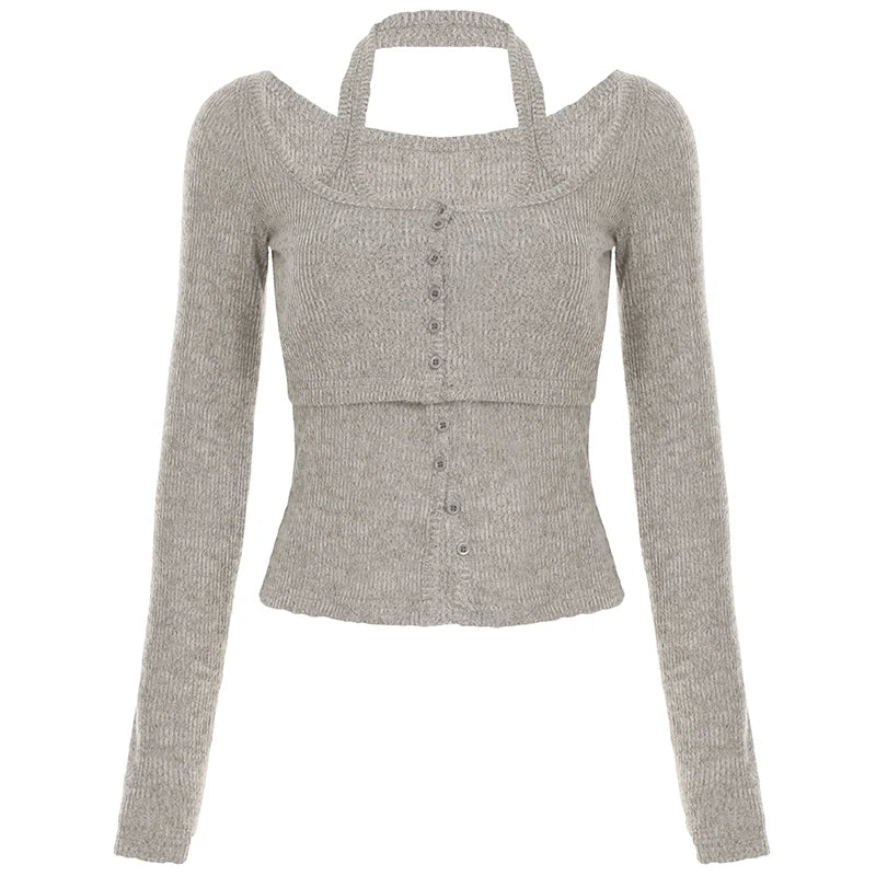 Sweetown Fashion Halter Top And Long Sleeve 2 Piece Set