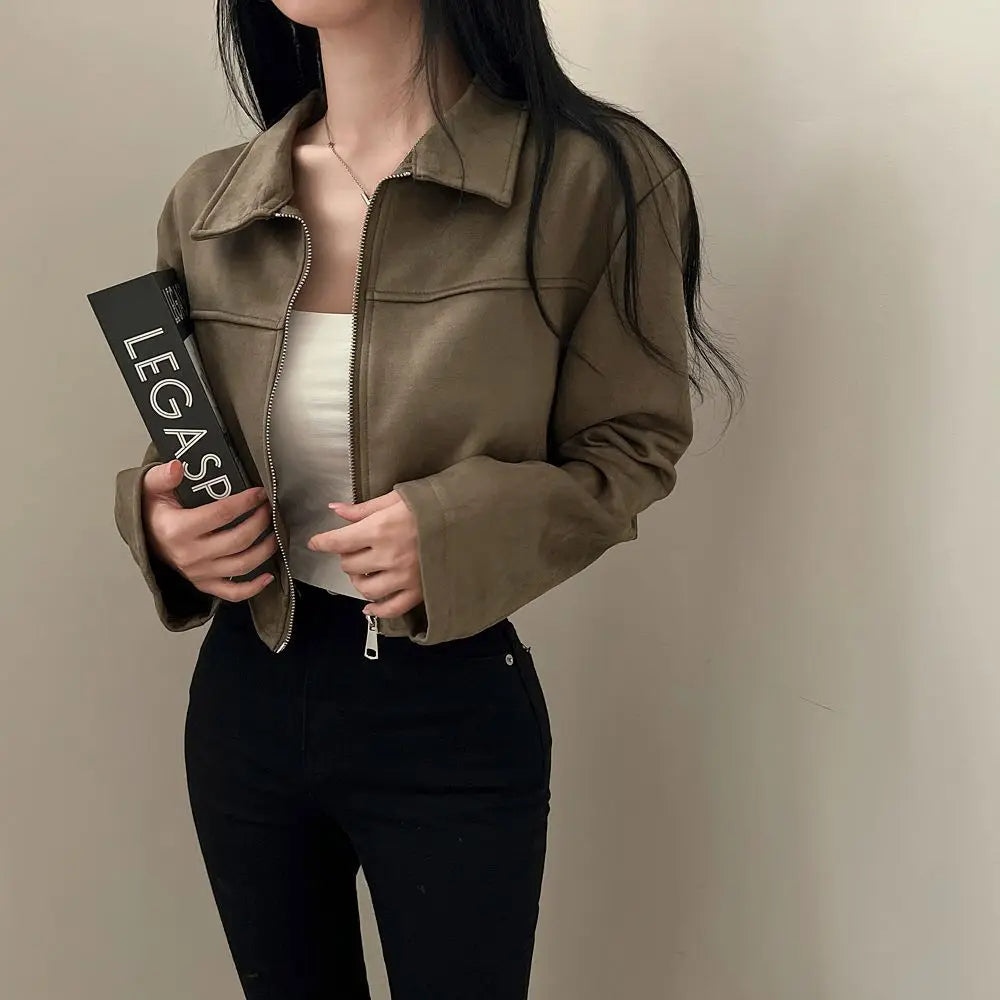 Autumn Lapel Zipper Jacket For Women Short Polyester Casual