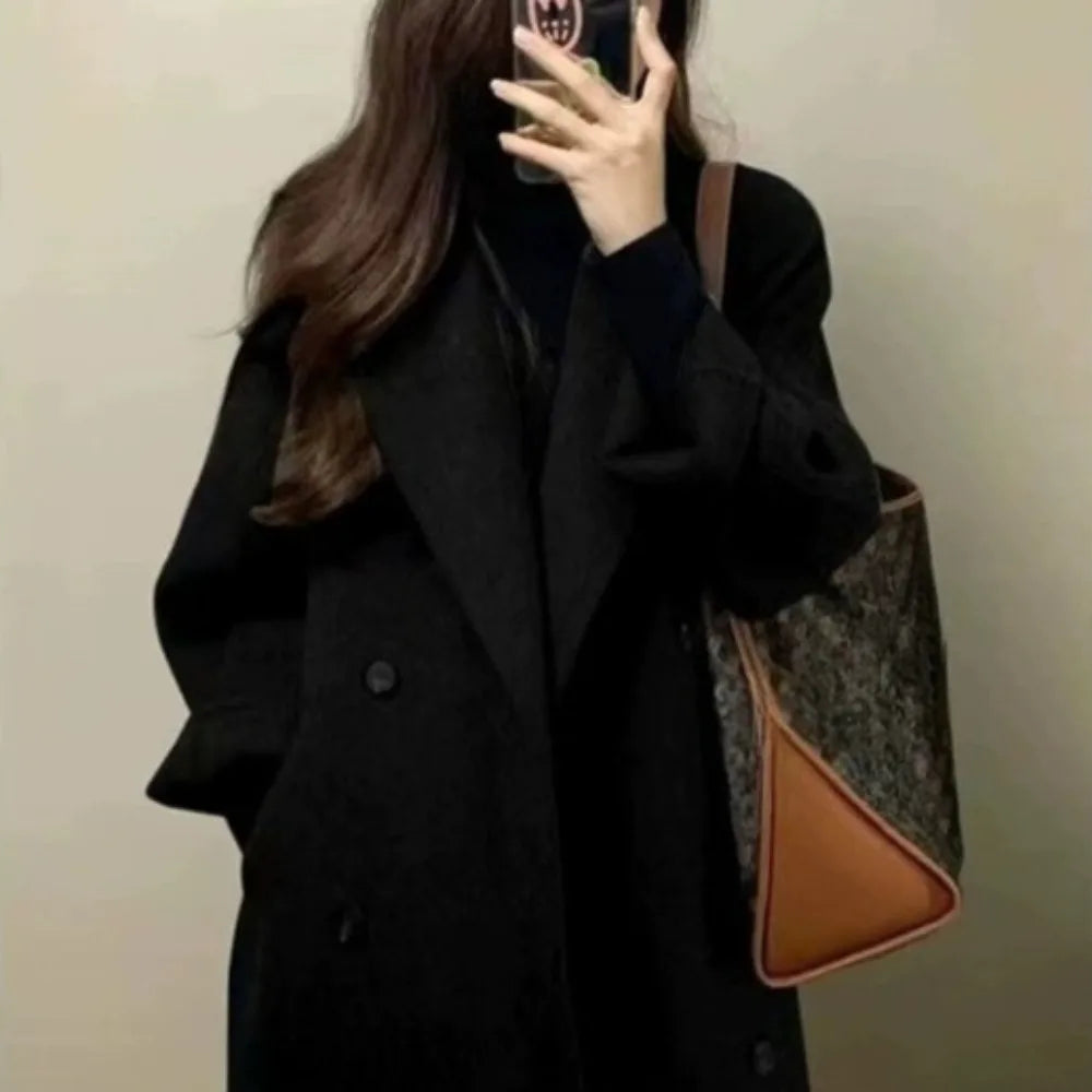 Thickened Over-Knee Woolen Coat Women Korean Style Polyester Outerwear