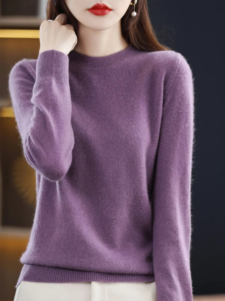 Merino Wool Women's O-Neck Pullover Sweater Long Sleeve Knitwear Top For All Seasons