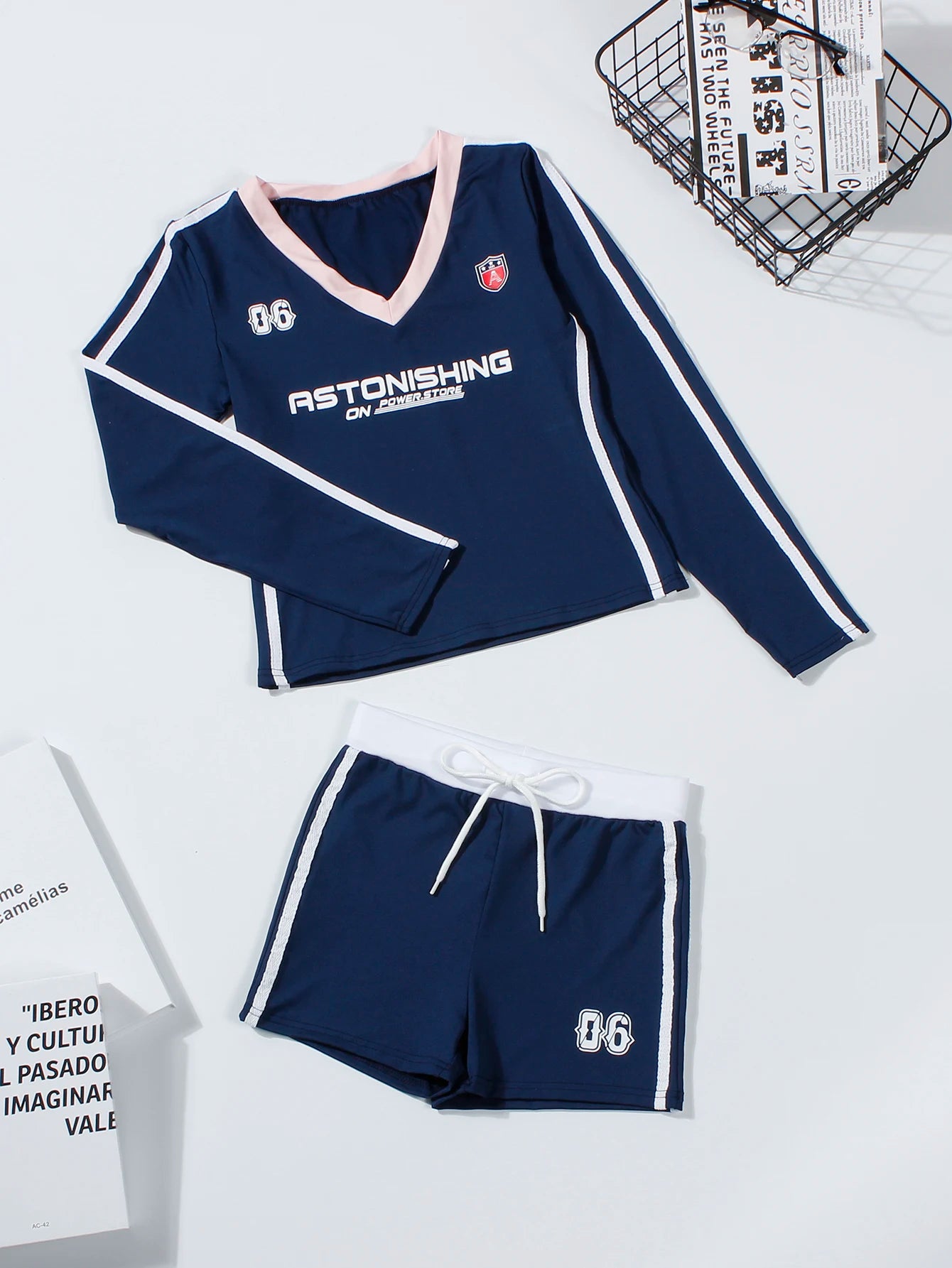 Summer Women 2 Piece Letter Print V Neck Crop Top Set