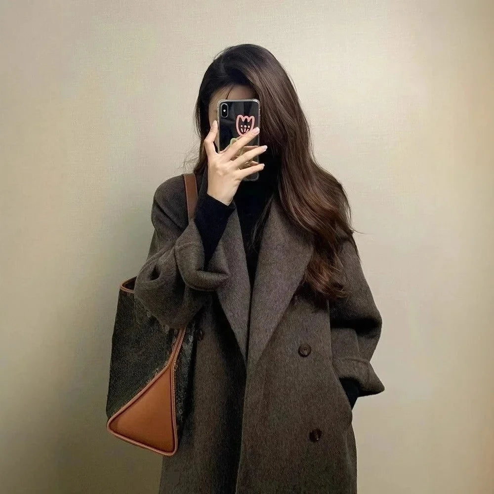 Thickened Over-Knee Woolen Coat Women Korean Style Polyester Outerwear