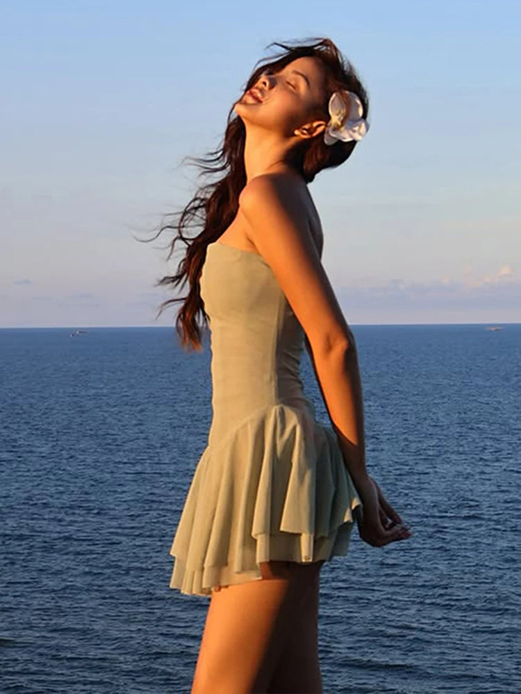 WEIRD PUSSCN Strapless Tiered Dress Women Bodycon Mesh