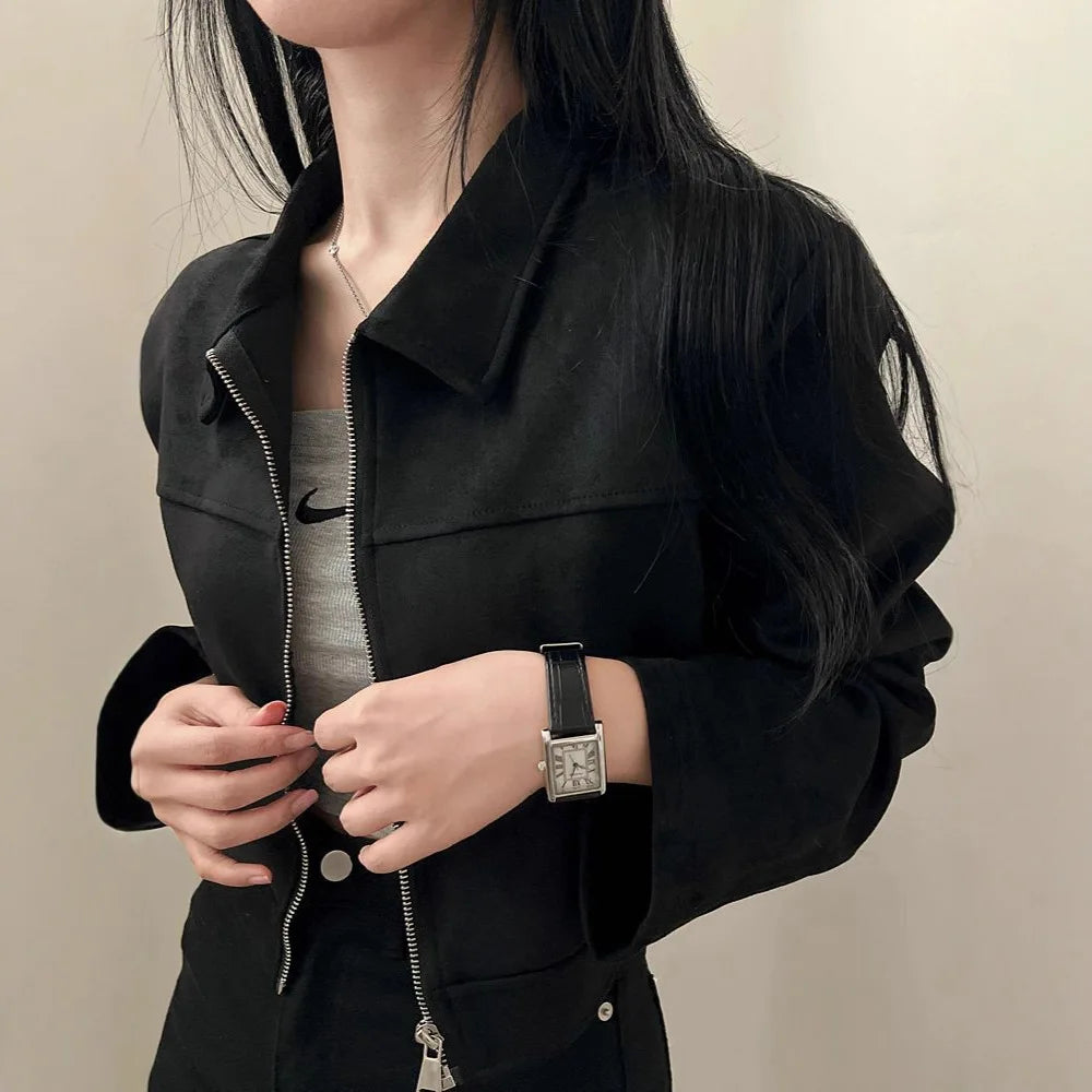 Autumn Lapel Zipper Jacket For Women Short Polyester Casual