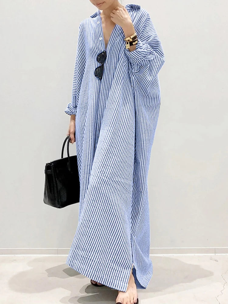 ZANZEACN Stripe Beach Sundress Bohemian Long Sleeve Dress