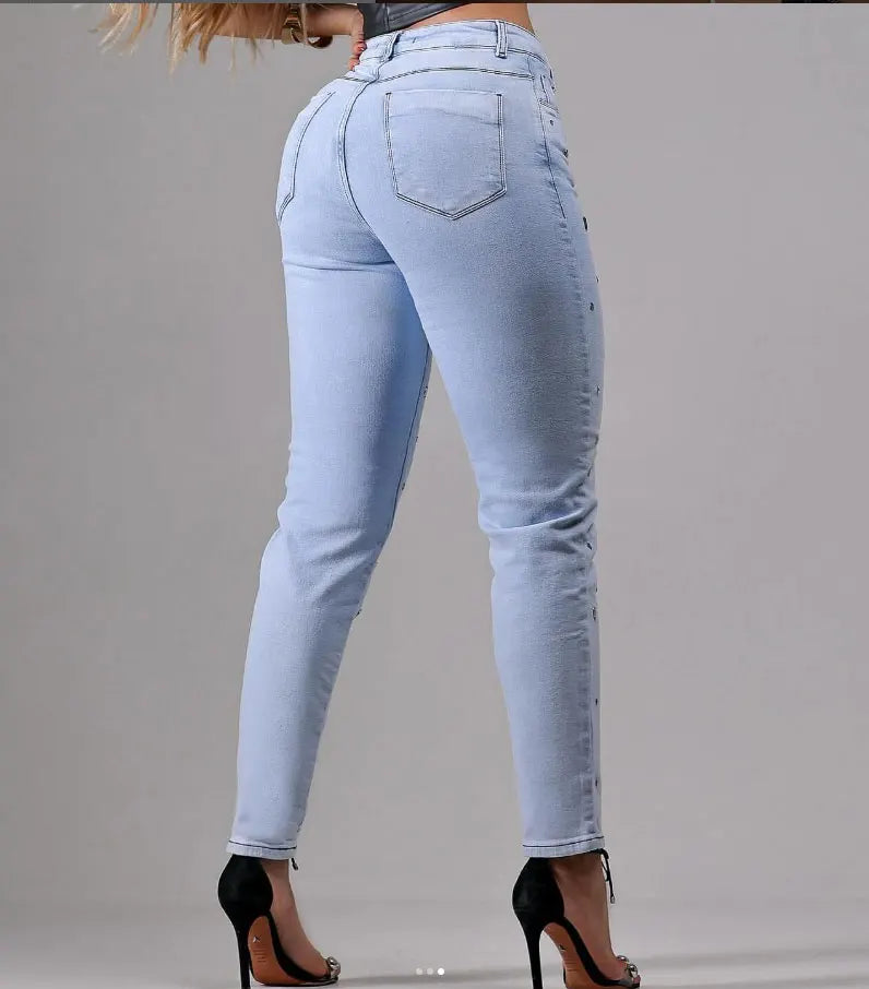 Women's High Waist Beaded Denim Jeans Slim Fit Elastic Casual