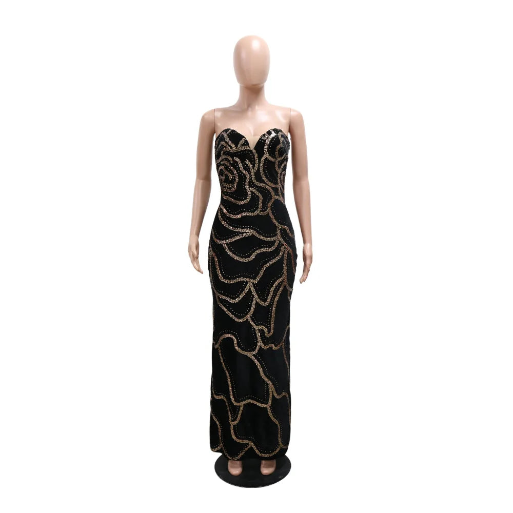 XTOCEAN Floral Sequined Strapless Maxi Dress For Women
