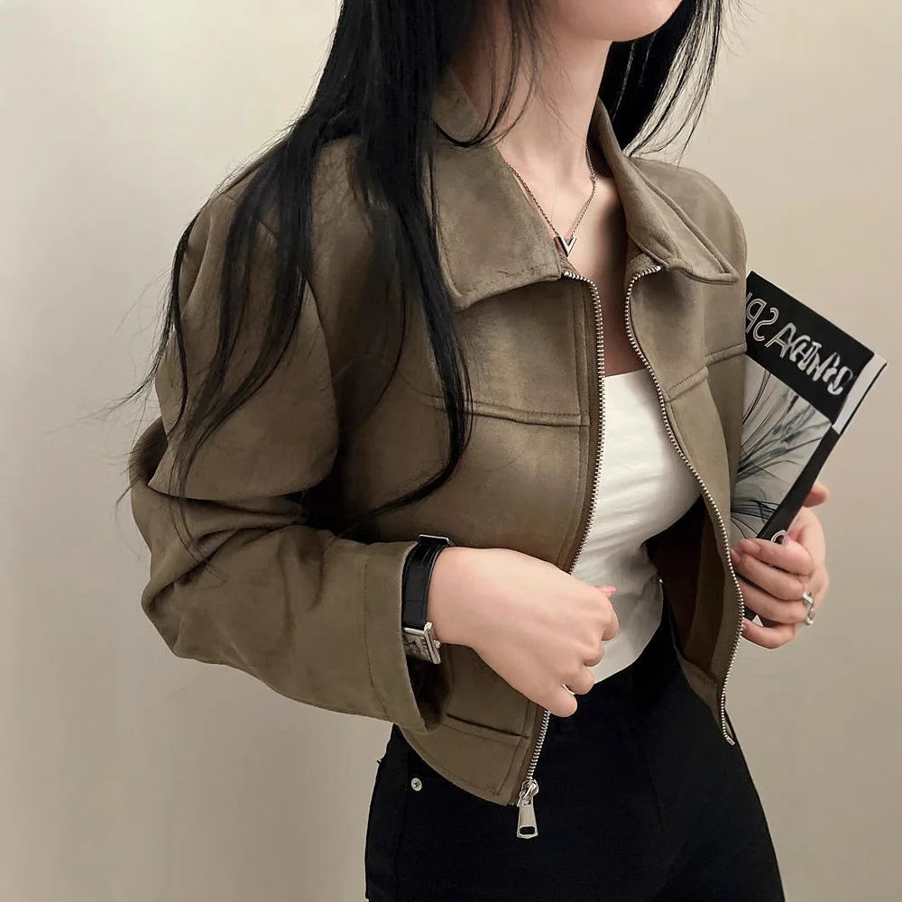 Autumn Lapel Zipper Jacket For Women Short Polyester Casual