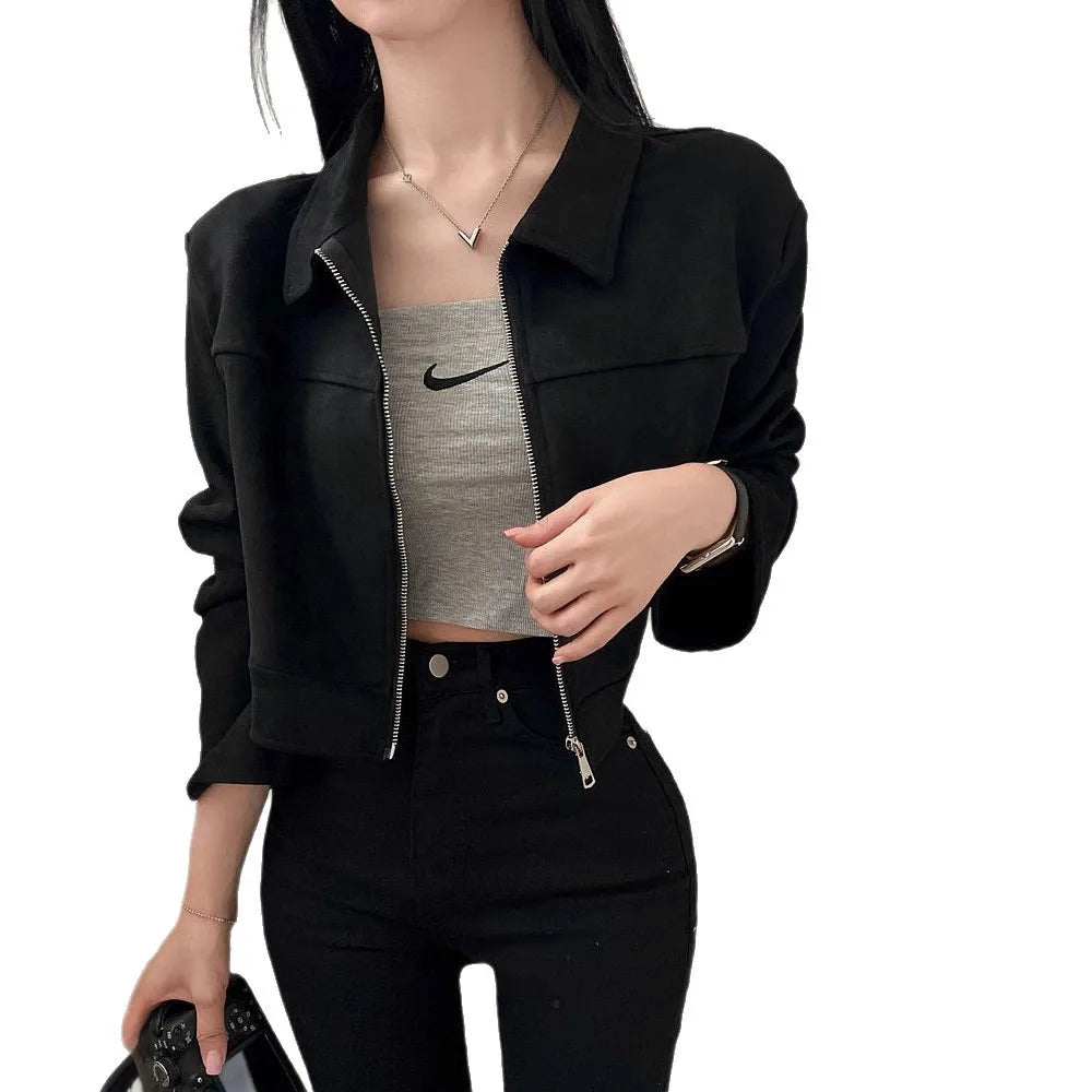 Autumn Lapel Zipper Jacket For Women Short Polyester Casual