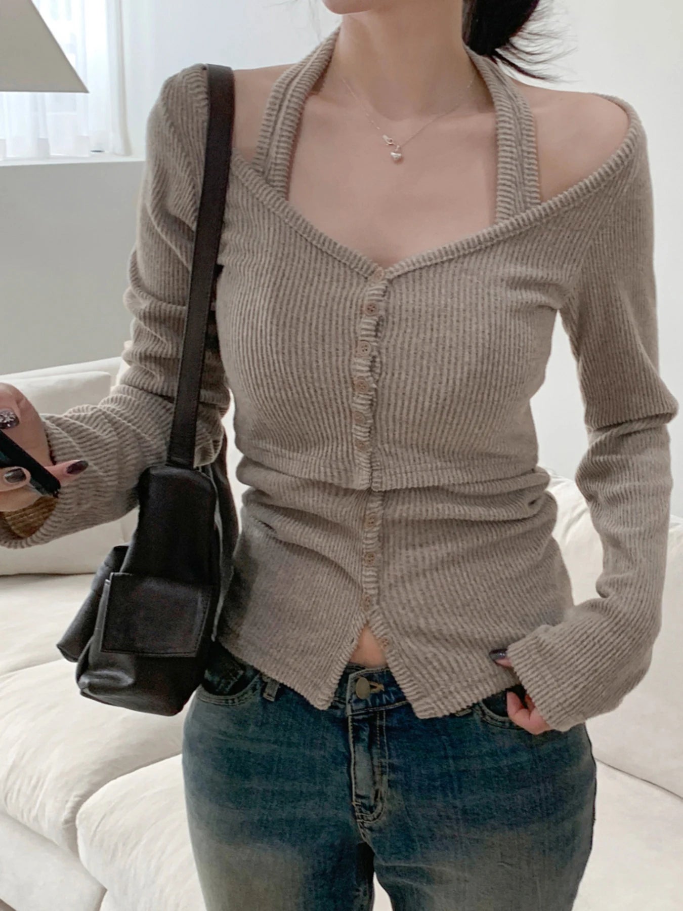 Sweetown Fashion Halter Top And Long Sleeve 2 Piece Set