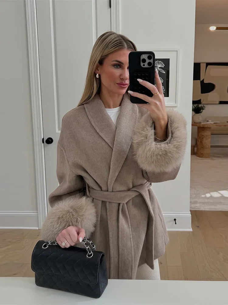 Chin.Sweety Chic Lapel Plush Coat With Belt Tweed Open Front