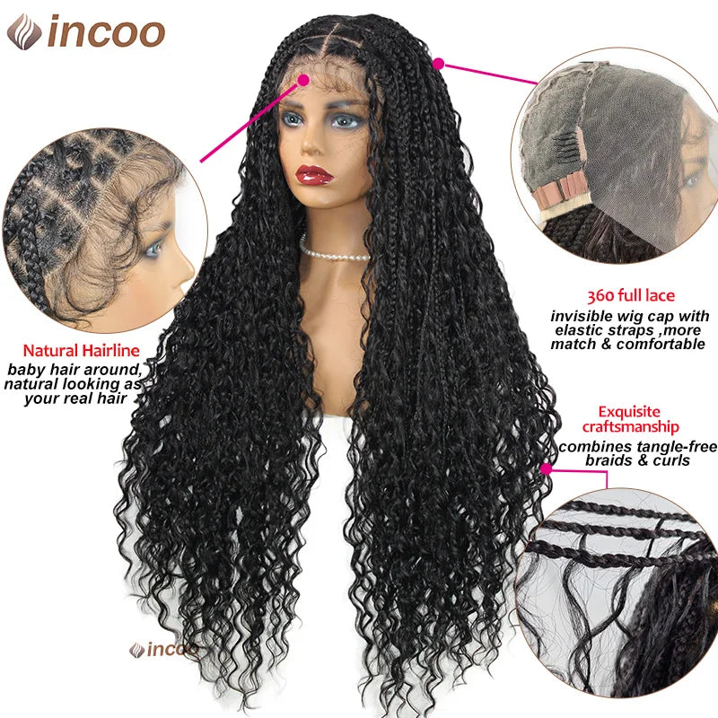 INCOO Boho Box Braided Wigs Full Lace Front Curly Synthetic