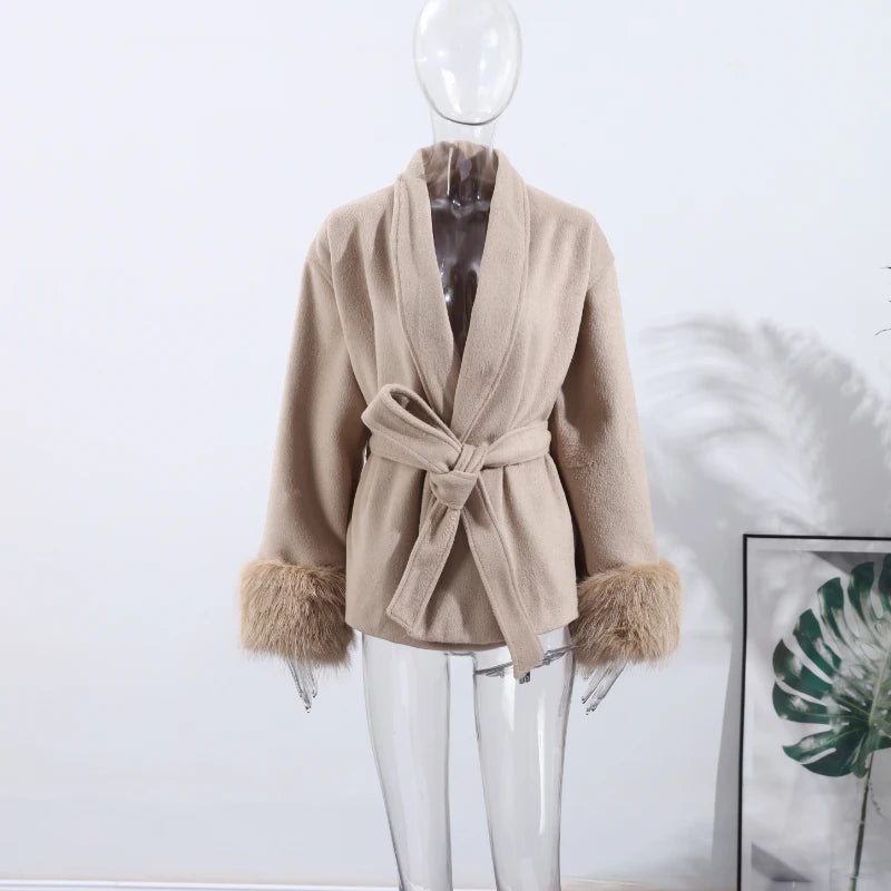 Chin.Sweety Chic Lapel Plush Coat With Belt Tweed Open Front